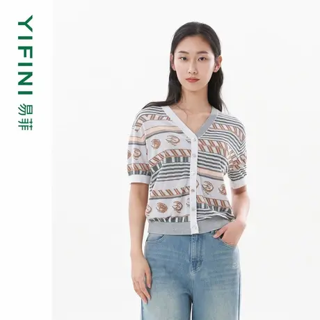 [专柜同款]Yifini/易菲宽松印花条纹短款针织套头衫女假开襟小衫图片
