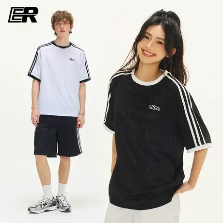 ER三条杠运动短袖t恤男女2025夏季休闲美式复古竖纹上衣情侣装商品大图