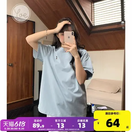 yoe短袖t恤女上衣夏季新款圆领纯棉体恤蓝色休闲女装刺绣小狗简约商品大图