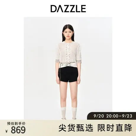 DAZZLE地素 奥莱白色法式镂空针织短袖开衫外搭薄款上衣女图片