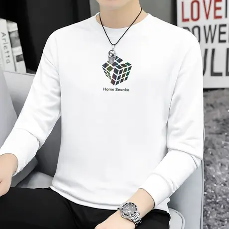 重磅纯棉白色卫衣男2023新款摇粒绒加绒潮流印花圆领无帽长袖t恤商品大图