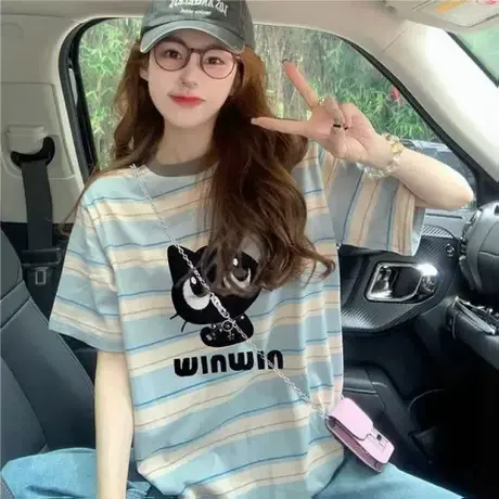 大码女装胖mm条纹短袖t恤女2025夏季新款宽松洋气减龄上衣服图片
