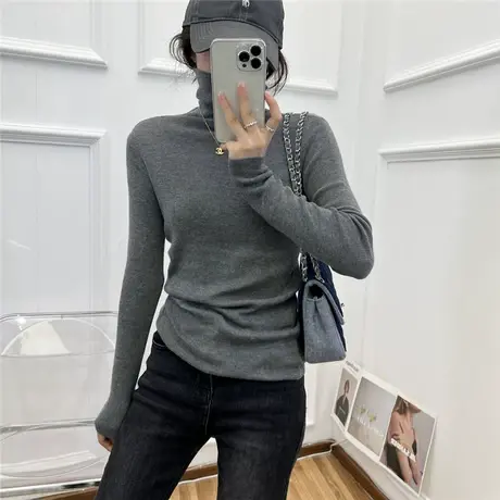 欧洲站2023秋冬新款 极简慵懒风复古甜酷高领全羊毛打底衫上衣女商品大图