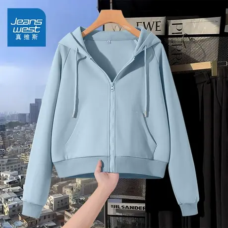 KMV真维斯蓝色卫衣女2025新款秋季小个子休闲宽松短款连帽外套女商品大图