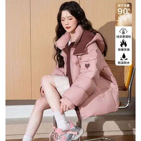 【防水】唐狮2024新款鸭绒羽绒服冬季女连帽面包服网红风短款外套商品大图