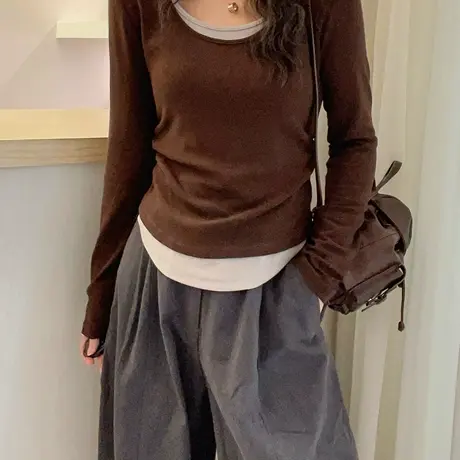 假两件天丝面膜T恤女欧洲站2025早秋新款欧货女装时尚打底小衫潮商品大图