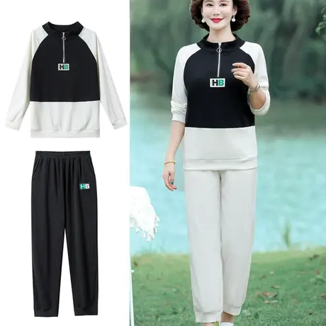 中年妈妈秋装大码运动服春秋休闲长袖套装女中老年两件套衣服微弹图片