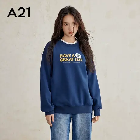 A21女装针织宽松圆领落肩套头中款绒底卫衣商品大图