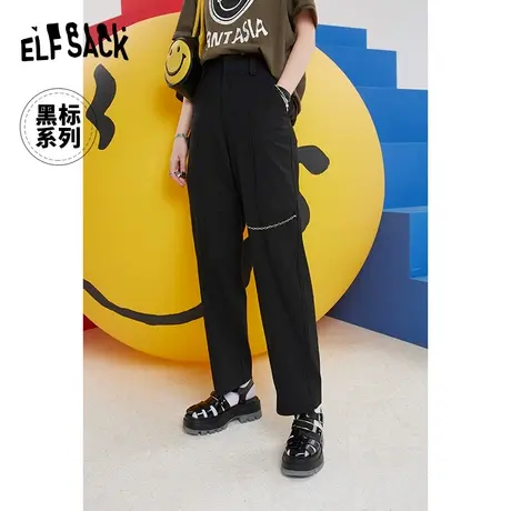 【商场同款】妖精的口袋黑色高腰直筒休闲裤女2023秋新款显瘦裤子商品大图