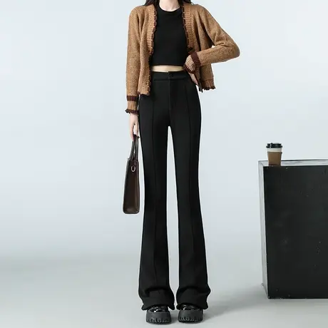 黑色微喇裤女冬季新款加厚高腰显瘦小个子休闲修身直筒马蹄喇叭裤图片