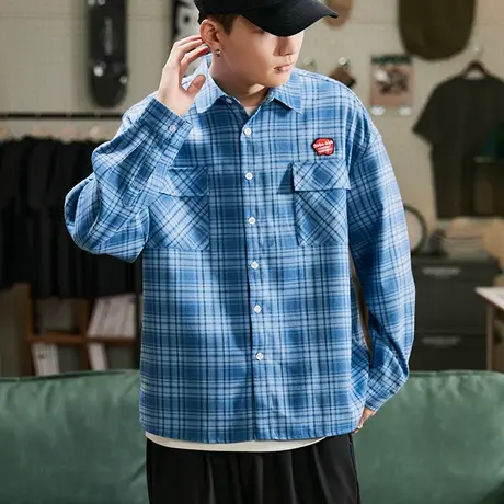 唐狮蓝色格子衬衫男装春秋日系复古长袖大格纹外套男士休闲衬衣潮商品大图