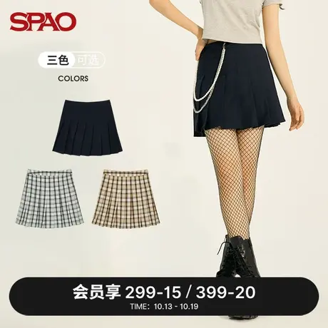SPAO女士半身裙春夏校园风韩系纯色格子拼接拉链时尚膝上百褶短裙图片