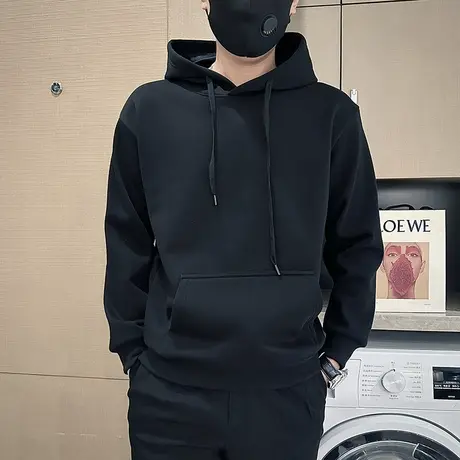 秋冬款连帽加绒卫衣男纯色休闲小众高级感ins加厚冬装内搭上衣T恤商品大图