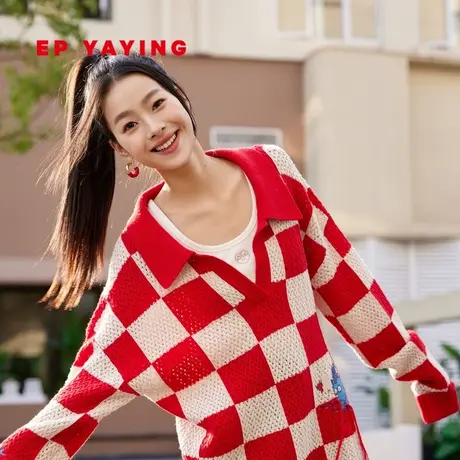 EP雅莹 羊毛山羊绒红色棋盘格POLO领针织毛衣 2024春装新品9505A图片