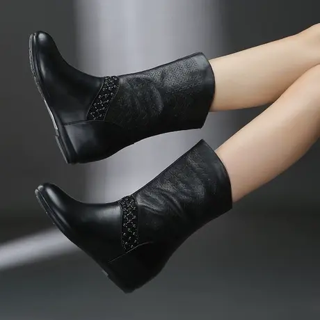 牛皮中筒靴新款平跟内增高短靴女加绒马丁靴真皮靴子商品大图