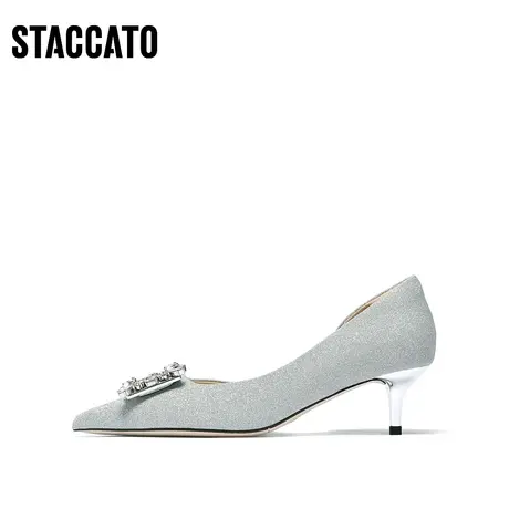 思加图新款仙女风细高跟鞋银色单鞋小香风尖头婚鞋女Y2809AQ3图片