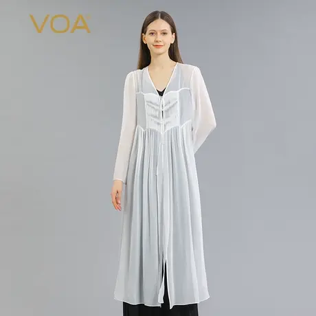 VOA真丝乔其纱V领长袖塔克褶减龄设计清爽透气茶白色桑蚕丝外套商品大图