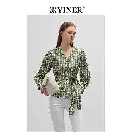 YINER音儿专柜女装2022春季新款复古海马印花V领衬衫商品大图
