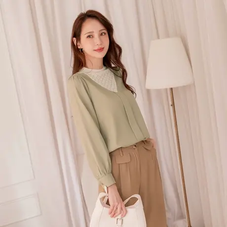 桔熊春季复古气质镂空蕾丝立领拼接公主袖纯色上衣女大码AB16417图片