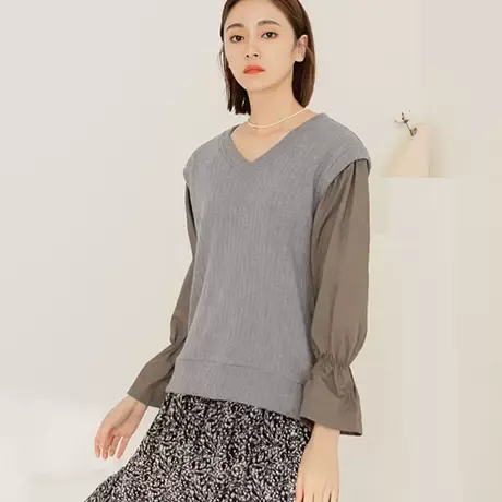 桔熊秋冬季休闲假两件套上衣女气质荷叶袖V领针织背心大码AB17899图片