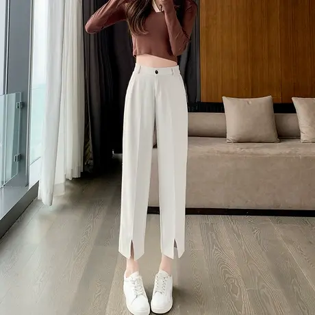 开叉西装裤女春秋小个子垂感夏季薄款西裤冰丝直筒白色休闲烟管裤商品大图