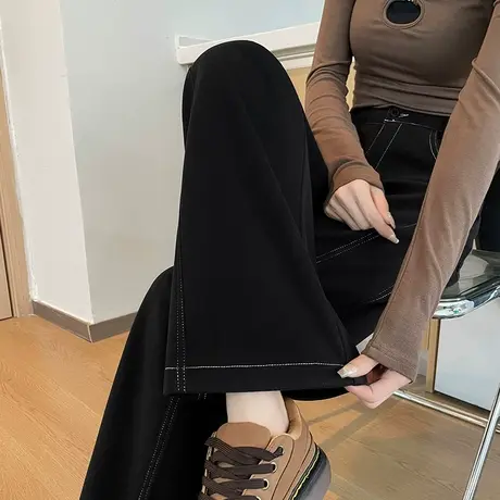 黑色高腰窄版加厚阔腿裤女冬季宽松直筒显瘦垂感休闲镰刀拖地裤子商品大图