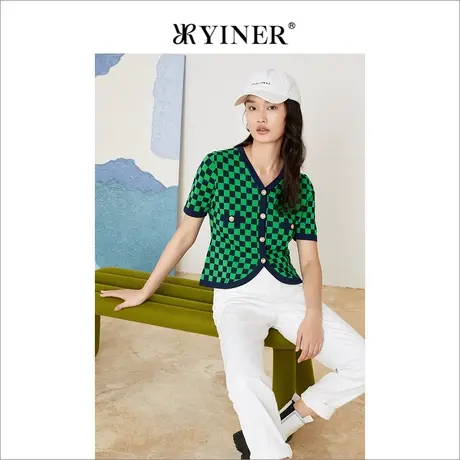 【棋盘格】YINER音儿女装2022夏季新款撞色V领针织开衫图片