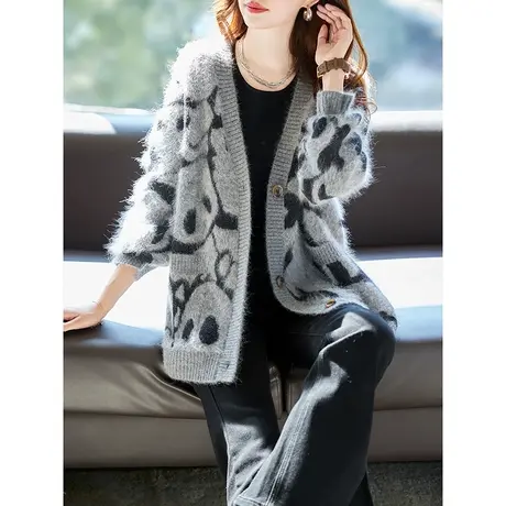 宝诗黎V领提花慵懒针织毛绒外套女装2024春秋季新款宽松开衫上衣商品大图