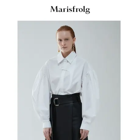 【言选好物】玛丝菲尔冬季新款白色方领灯笼袖纯棉衬衫上衣商品大图