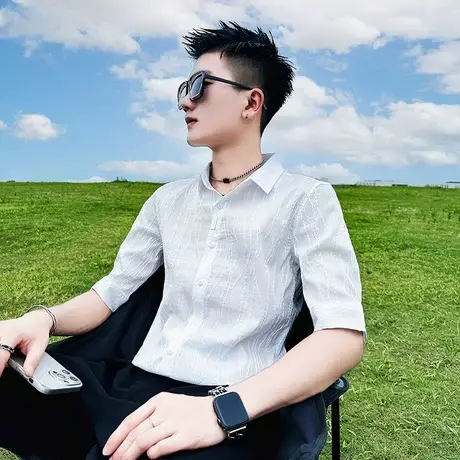 夏季男士衬衫修身中袖七分袖休闲潮牌潮流帅气薄款韩版发型师衬衣商品大图