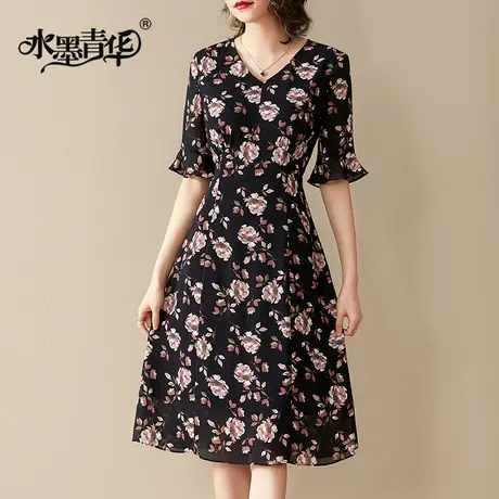 【1件7.9折】夏装新品时尚中长款a型裙子修身印花短袖连衣裙商品大图