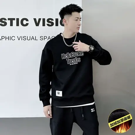 秋冬新款美式字母印花潮牌卫衣男ins加绒长袖打底体恤衫痞帅上衣图片
