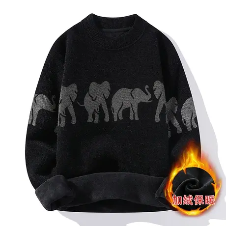 冬季圆领毛衣男士加绒加厚青年提花打底针织衫男孩保暖毛线衣潮流商品大图