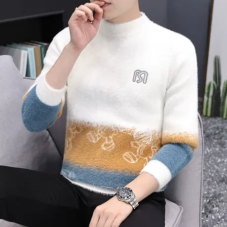 秋冬季半高领男孩初中学生大童内搭加绒加厚水貂绒打底衫保暖毛衣商品大图