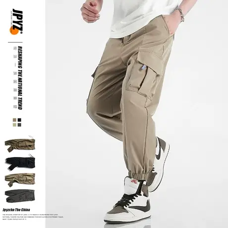 胖子宽松束脚工装裤男潮牌秋冬加肥加大码韩版休闲多口袋九分裤子图片