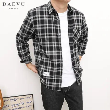 秋季新款黑白格韩风潮胖子大号加肥加大码男士长袖休闲衬衫衬衣商品大图
