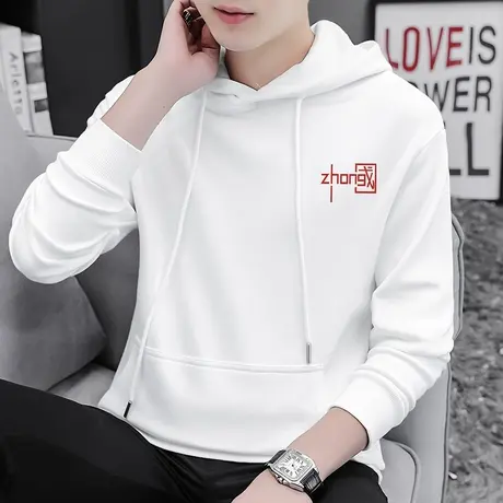 白色卫衣男生2024新款连帽外套秋冬加绒中国潮流宽松长袖带帽衫商品大图