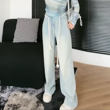 尔给裤子宽松高街美式复古高腰浅色直筒牛仔裤女夏季薄款2023新款图片