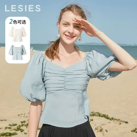 LESIES蓝色倾情夏新款法式泡泡袖舒适短袖上衣设计感减龄小衫衬衣图片