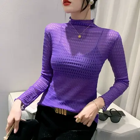 欧货性感蕾丝衫女长袖2023秋装新款半高领透视打底衫洋气百搭上衣商品大图