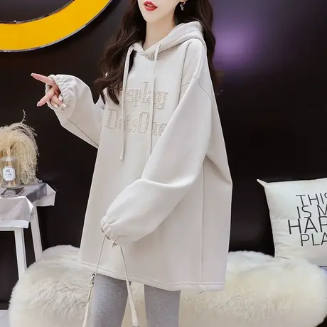 加绒加厚连帽卫衣女中长款2023新款秋冬慵懒风宽松设计感上衣外套图片