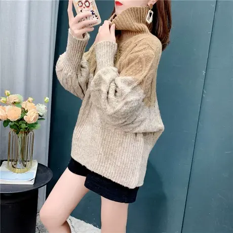 2021年秋冬新款设计感高领撞色套头毛衣女洋气减龄收腰针织衫上衣商品大图