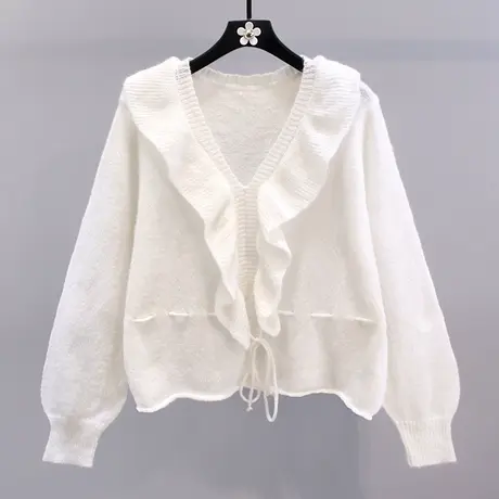 小清新V领荷叶边针织衫女2023年早秋外搭宽松温柔风薄款套头毛衣图片