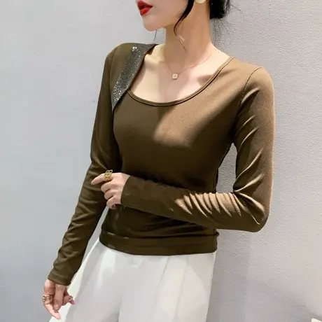 重工烫钻长袖T恤女2023秋季新款时尚设计感上衣内搭修身打底衫潮商品大图