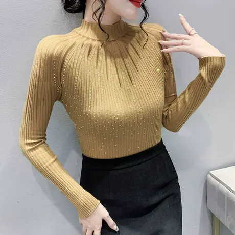 网纱拼接镂空针织衫女秋冬时尚百搭半高领毛衣修身气质打底上衣女商品大图