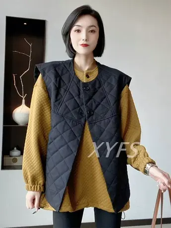 欧货菱格棉马甲外套女秋冬2023新款宽松百搭圆领2粒扣马夹上衣潮商品大图