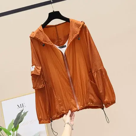 连帽抽绳防晒服女轻薄2023夏新款贴布口袋宽松显瘦百搭休闲防晒衣商品大图