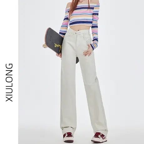 白色高腰牛仔裤女2023年新款春秋显瘦直筒宽松设计感小众阔腿裤子图片