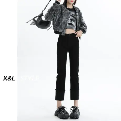 直筒加绒牛仔裤女秋冬季2023新款加厚小个子九分显高设计感烟管裤图片