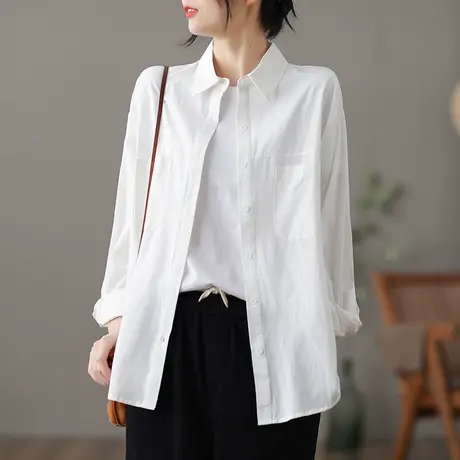 dza 文艺复古纯棉白色衬衫女士春秋新款外搭上衣百搭气质漂亮衬衣图片